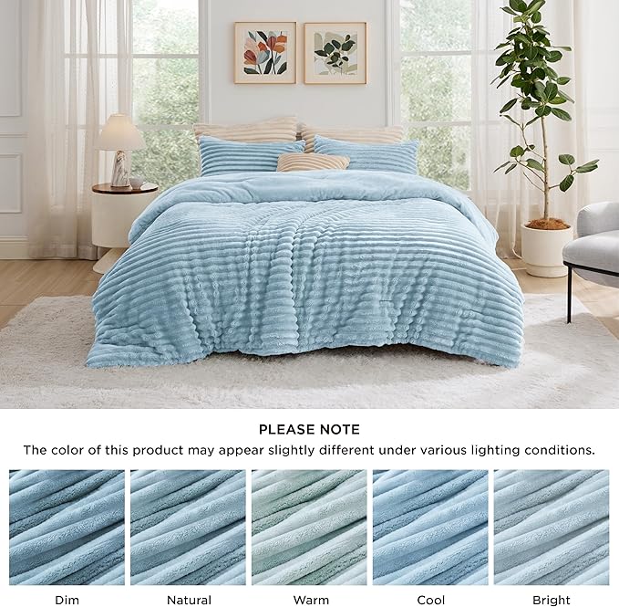 Bedsure King Comforter - GentleSoft™ 3 Pieces Double-Side Fleece Fluffy Light Blue Comforter Set, Cozy Striped Room Decor Aesthetic, Luxury King Size Bedding with 2 Pillowcases, 104x90 Inches
