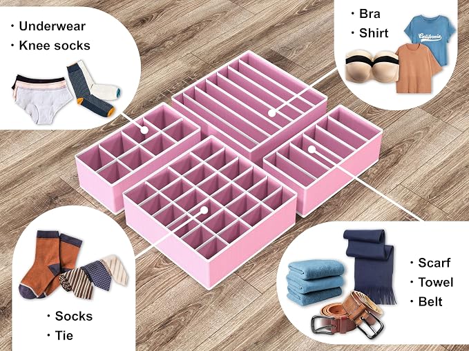 Simple Houseware 4-Pack Drawer Organizer Set - Closet Dividers for Underwear, Socks, Bras, Scarves, Ties - Foldable Non-Woven Storage Boxes, Pink - Image 4