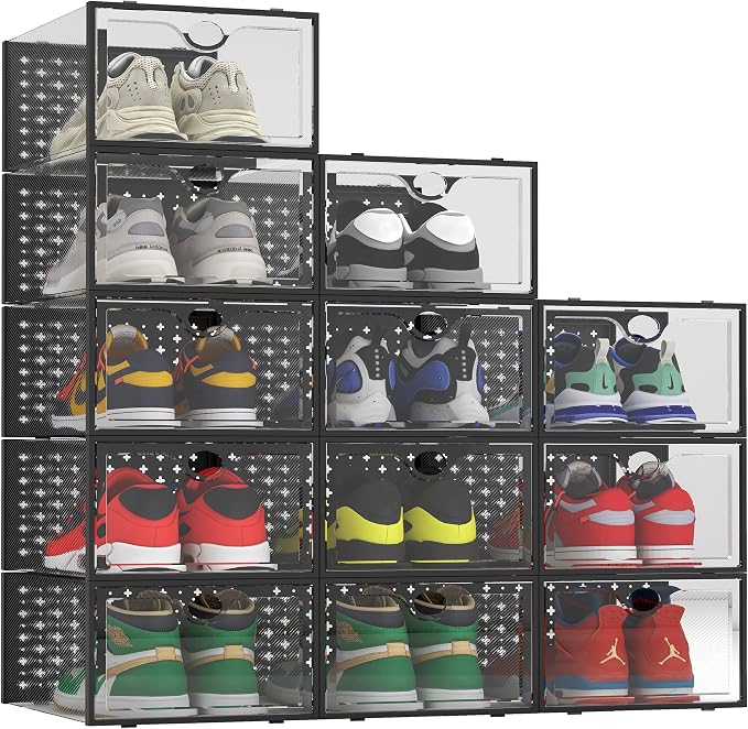 Pinkpum 12 Pack XXL Shoe Storage Box Fit for Size 14, Clear Plastic Stackable Shoe Organizer for Closet, Shoe Containers Sneaker Storage Clear and Black by Pinkpum