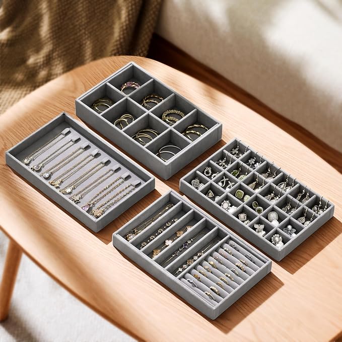 Velvet Jewelry Drawer Organizer Trays – Grey Stackable Jewelry Storage Inserts Set, 4-Layer Jewelry Tray Set for Earrings, Rings, Necklaces, Bracelets with Removable Dividers for Dresser & Vanity - Image 3