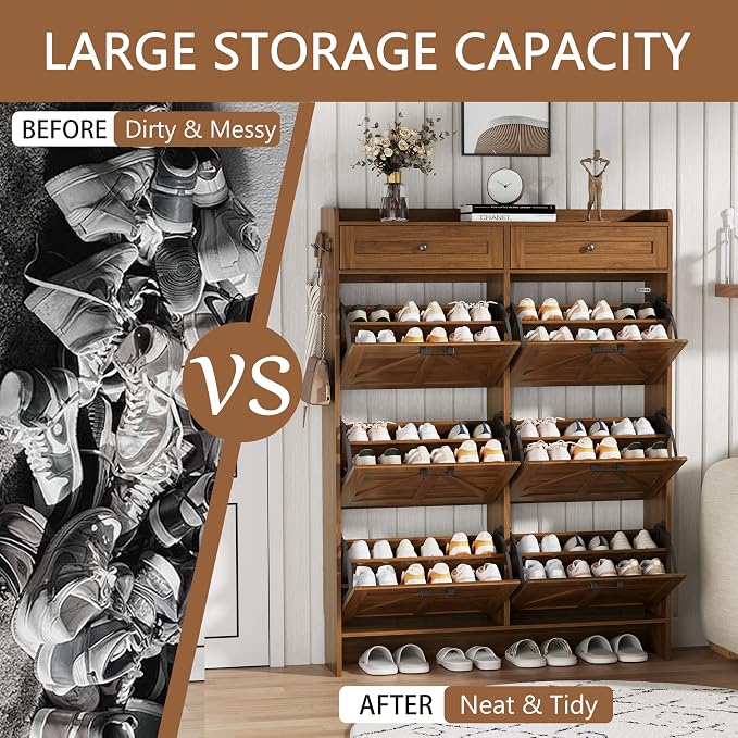 Shoe Cabinet with 6 Flip Drawers & 2 Top Drawers, 57" Tall Freestanding Narrow Wooden Shoe Storage Organizer for Entryway, Hidden Slim Shoe Rack for Front Door Entrance, Hallway, Living Room, Walnut - Image 6