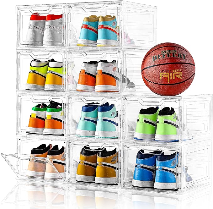 10 Pack Large Shoe Boxes Clear Plastic Stackable,Shoe Storage Organizer with Lids,Shoe Rack for Closet,Shoe Organizer and Shoe Containers for Sneaker Storage, Shoe Display Case Fit up to US Size 13 by Stebopum
