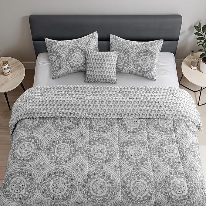 LUX Décor Reversible 5pc King Comforter Set, Printed Bedding Set, All-in-One Bed in a Bag, Includes 1 Comforter, 2 Pillow Shams, 1 Decorative Pillow & 1 Bed Skirt (Aztec Grey,King)