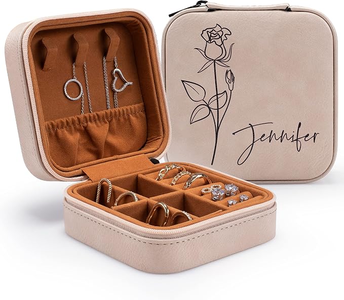 Custom Leather Customized Jewelry Organizer Box w/Name & Birth Flower Month - Birthday Gifts for Women, Mom Personalized Jewelry Travel Case - Beige by PersonalizationLab