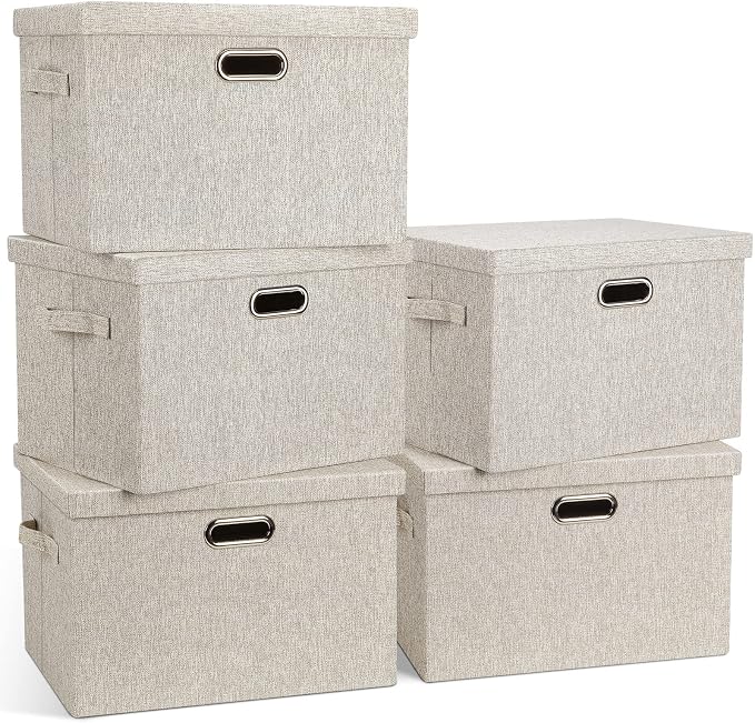 Graciadeco Large 17" 36 Quart Collapsible Stackable Storage Bins with Lids, 5 Packs Beige Linen Fabric Closet Boxes with Lids, Storage Cube Baskets Container Organizers for Bedroom Office(17 x12 x11) by GraciadecoStorage