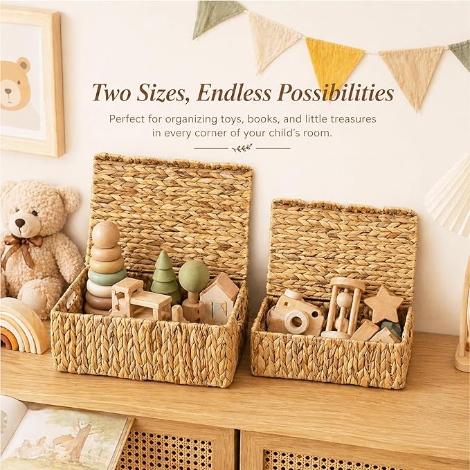 LUSYDECO Set of 2 Scalloped Edge Wicker Basket with Lids, Rectangle Wicker Storage Basket with Built-in Handles, Multipurpose Organizer Rattan Display Boxes for Shelf, Nursery Room - Image 3