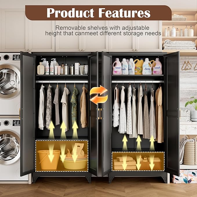 SteeLoong Metal Wardrobe Cabinet with Hanging Rod, 71" Tall Armoire Wardrobe Closet with 2 Mirror Doors and Adjustable Shelves, Black Clothing Storage Cabinets for Bedroom, Laundry Room