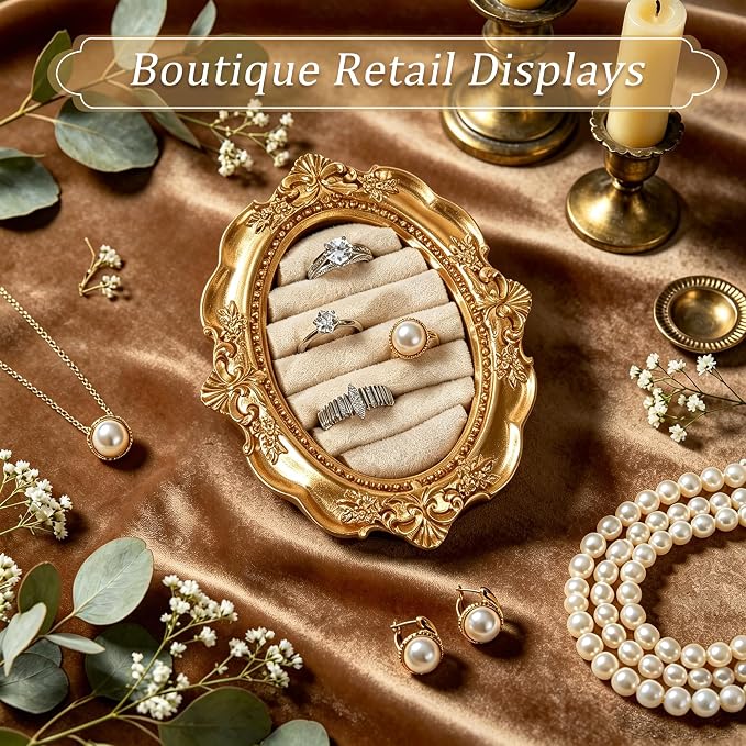 Vintage Ring Holder Rectangle Gold Velvet Display Stand - Baroque Jewelry Organizer Box Tray for Wedding Engagement Anniversary Women Birthday Christmas Gift Photograph Prop (MPF05-White) - Image 2