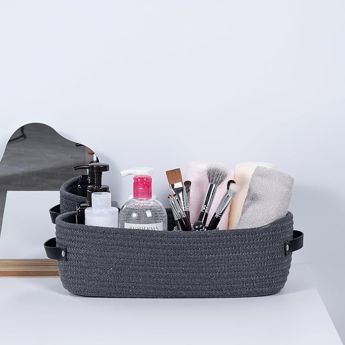 Cotton Rope Toilet Paper Holder Basket with Handle, Home Decor Organizing Small Baskets, Nursery Basket 13"x5.9"x4" Dark Gray - Image 4