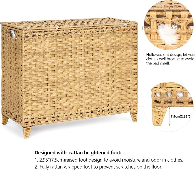 Laundry Hamper with 4 Removable Liner Bags; 176L Handwoven Rattan Laundry Basket with Lid & Heightened Feet; Clothes Hamper with Side Handles - Image 5