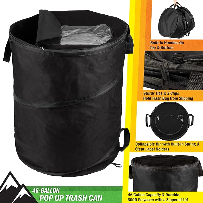 Collapsible Trash Can - 46-Gallon Garbage Can Outdoor Bin with 3 Stakes for RV, Camping, Storage, Recycling, or Yard Waste by Wakeman Outdoors (Black) - Image 2