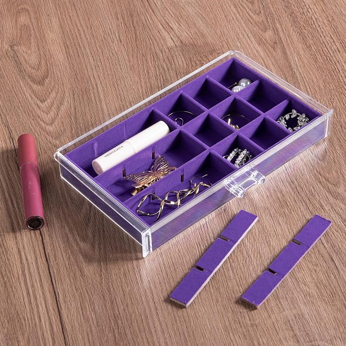 Frebeauty Acrylic Jewelry Organizer Earring Organizer Box with 5 Drawers Earring Holder Organizer with Velvet Trays Clear Jewelry Box for Women Earring Display for Rings Studs(Purple) - Image 6