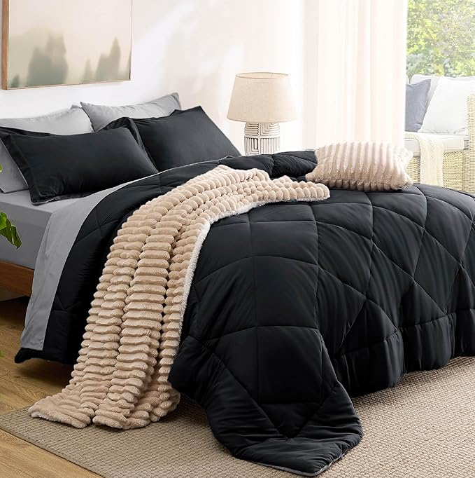 Bedsure Dark Black Queen Comforter Set - 7 Pieces Reversible Queen Bed in a Bag, Bed Set Dark Black and Grey with Comforters, Sheets, Pillowcases & Shams