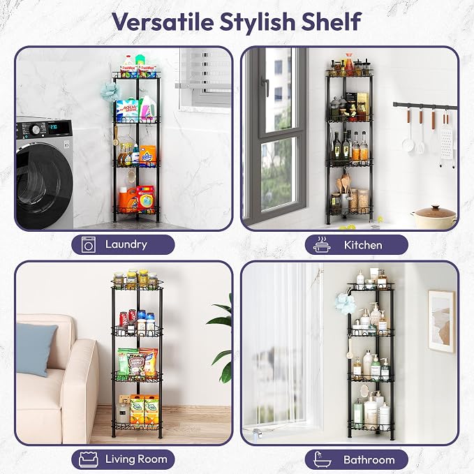 SWTYMIKI Standing Shower Caddy Corner - 4‑Tier Stainless Steel Shower Organizer Shelf with 16 Hooks and Adhesive Pads, Rustproof Corner Shelves Stand Rack for Bathroom Shower Room, Black - Image 6