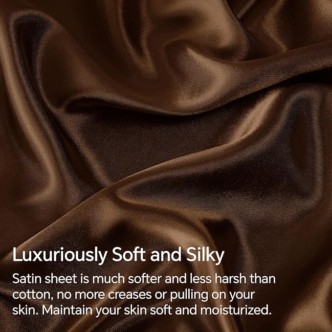BEDELITE California King Sheets Set, Luxury Soft Brown Satin Sheets for Hair and Skin, Similar to Silk Bed Sheets Set 4 Pieces with 1 Deep Pocket Fitted Sheet, 1 Flat Sheet, and 2 Pillowcases