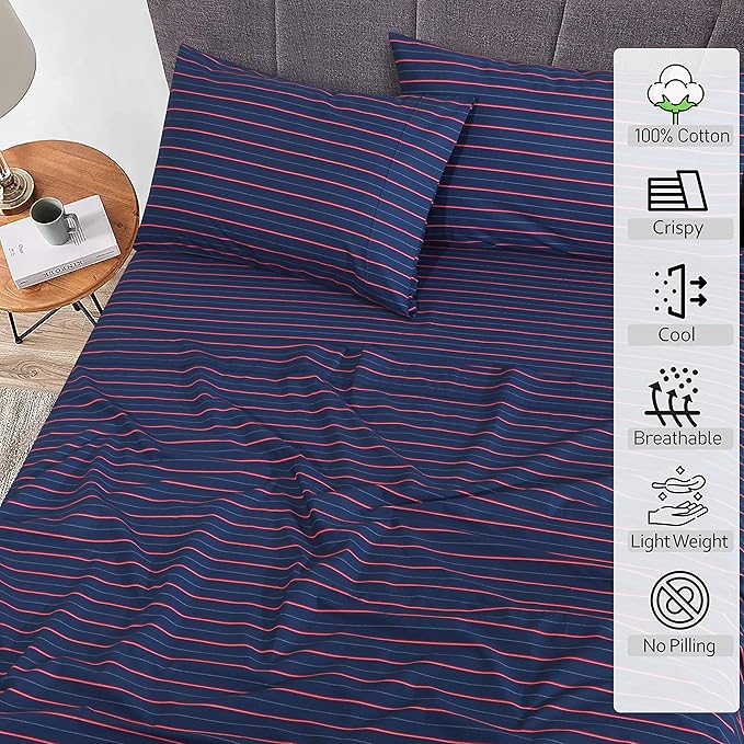 RUVANTI 100% Cotton Sheets – Queen Size Percale Bedding, Cooling & Breathable Floral Design, Durable with a Crisp, Soft & Comfortable Feel, 16" Deep Pocket, 4-Piece Set, Nautical