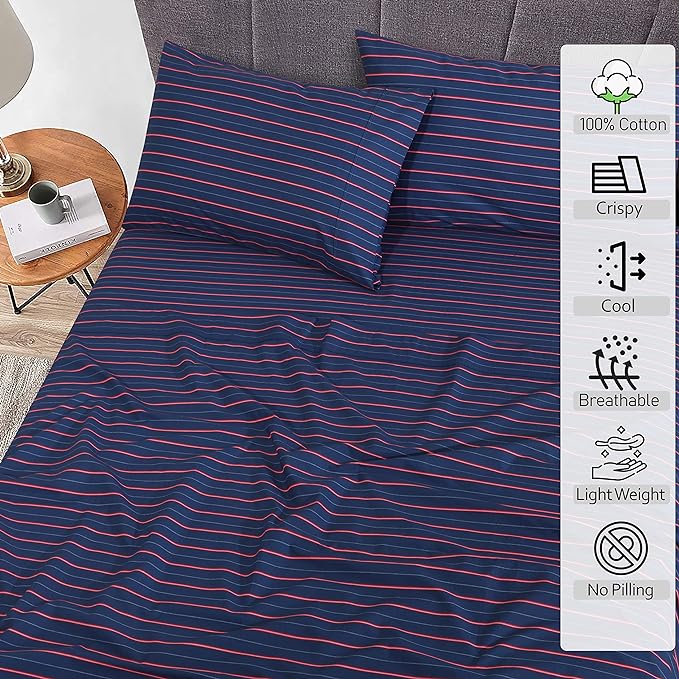 RUVANTI 100% Cotton Sheets – California King Percale Bedding, Cooling & Breathable Floral Design, Durable with a Crisp, Soft & Comfortable Feel, 14" Deep Pocket, 4-Piece Set, Nautical