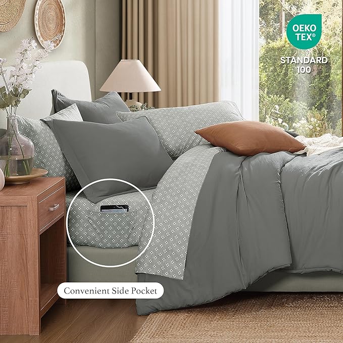 Monbix Full Size Comforter Set - 7 Pieces Granite Grey Prewashed Bed in a Bag Full Bedding Sets with Comforters, All Seasons Ultra Soft Comforter Bed Set with Sheets,Pillowcases & Shams