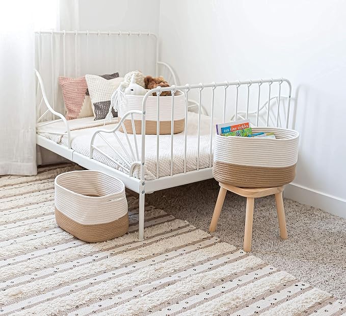 OrganiHaus Rope Baskets for Shelves - Set of 3 Woven Storage Baskets for Organizing, Closet & Toy Storage - Honey/Off-White - 15x9x10 - Image 5