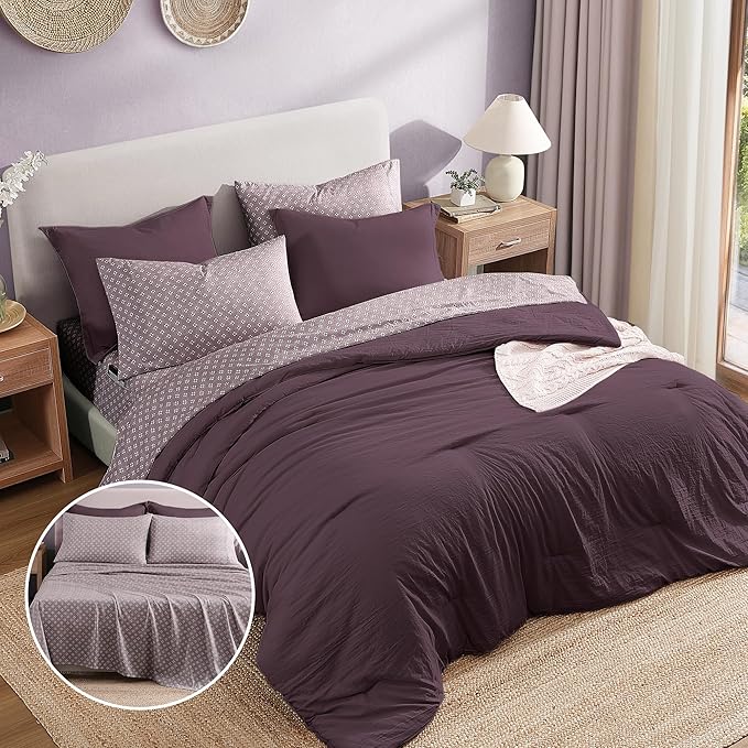 Monbix Queen Comforter Set - 7 Pieces ltalian Plum Prewashed Bed in a Bag Queen Bedding Sets with Comforters, All Seasons Ultra Soft Comforter Bed Set with Sheets,Pillowcases & Shams