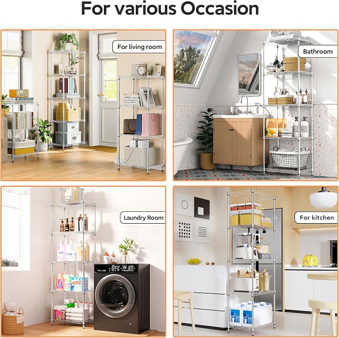 M MZG 5 Tiers Shelf Metal Storage Shelves Wire Rack Closet Organizers with Wheel for Garage Kitchen Bathroom Laundry Chrome 11.8" D x 17.7" W x 55" H - Image 6