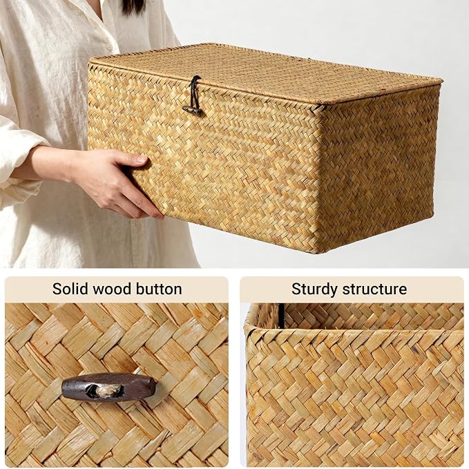 Nonam Seagrass Storage Large Basket with Lid,Wicker Basket Storage Bin with Lid for Shelves,Boho Decor,Handwoven Shelf Basket for Organizing-Storage Container Box for Home Organization-Natural - Image 2