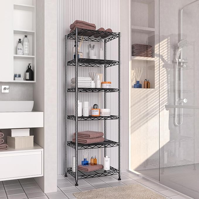 GIOTORENT 6-Tier Storage Shelves Standing Shelving Metal Units, Adjustable Height Wire Shelf Display Rack for Pantry Laundry Bathroom Kitchen 16.6” x 11.8” x 63”, Black - Image 4