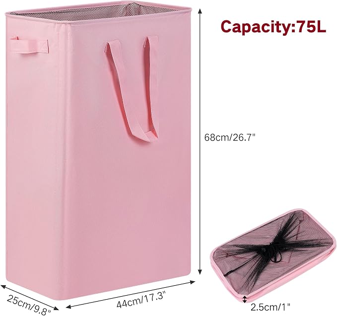 efluky Slim Laundry Basket, Narrow Laundry Hamper with Handles, Collapsible Dirty Clothes Hamper, Tall Laundry Bin for Laundry Room, Dorm and Bedroom, 19.8 Gallon (75L) Pink - Image 2