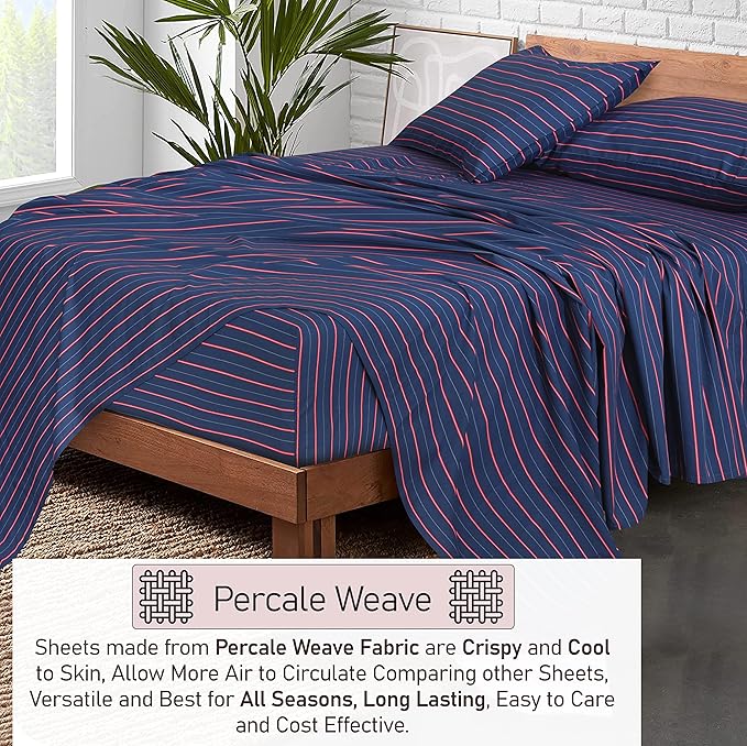 RUVANTI 100% Cotton Sheets – Full Size Percale Bedding, Cooling & Breathable Floral Design, Durable with a Crisp, Soft & Comfortable Feel, 16" Deep Pocket, 4-Piece Set, Nautical