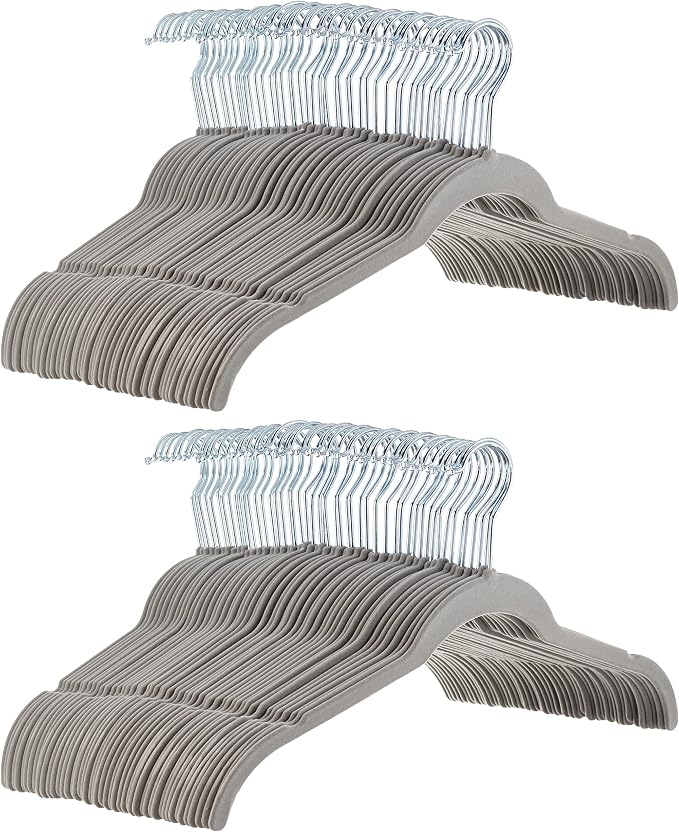 Amazon Basics Space Saving Slim Velvet Non-Slip Clothes Hangers, Sturdy, Gray/Silver, 100-Pack by AmazonBasics