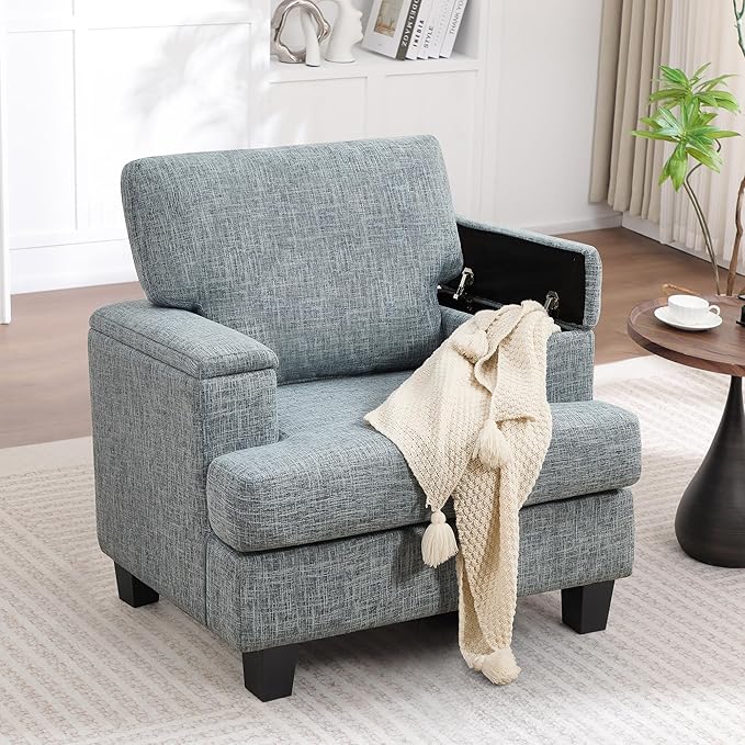 Modern Accent Chairs Set of 2 with Armrest Storage, Oversized Upholstered Reading Chairs, Comfy Large Armchairs, Fabric Single Sofa Chair for Living Room Bedroom (Bluish Grey)