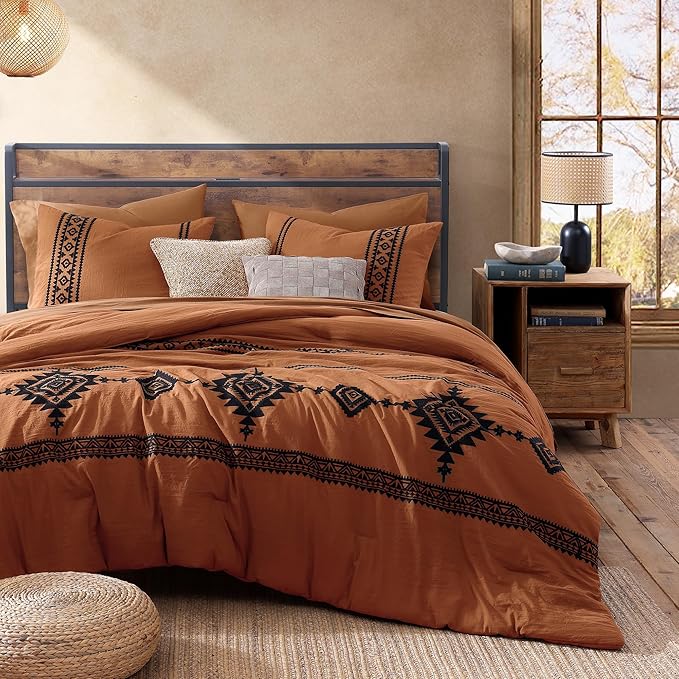 MaiRêve Embroidery Comforter Set, Boho Farmhouse Western Bedding Set, All Season Bed in A Bag Comforter Set with Sheets, Pillowcases & Shams, Burnt Orange Oversized Queen 7 Pieces