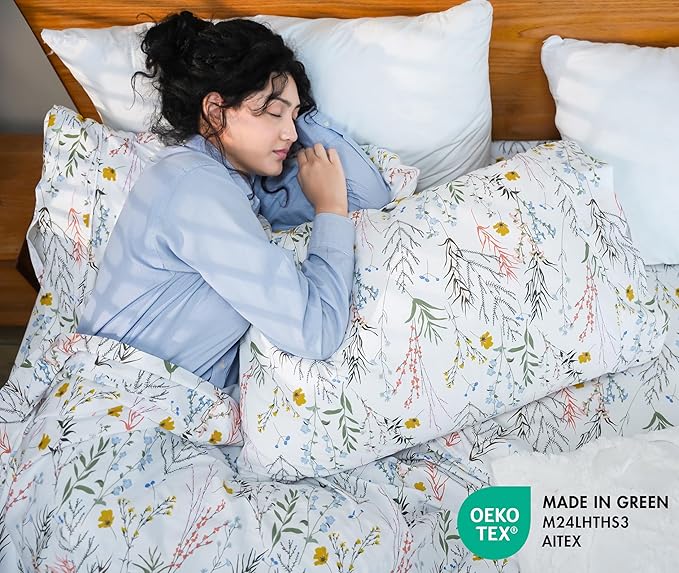 RUVANTI 100% Cotton Sheets – Full Size Percale Bedding, Cooling & Breathable Floral Design, Durable with a Crisp, Soft & Comfortable Feel, 16" Deep Pocket, 4-Piece Set, Aroma