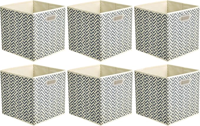 Amazon Basics Collapsible Storage Bins with Handle, Space-Saving, Breathable Cube Organizer, 10.5" x 10.5" x 11", Chevron Grey, 6-Pack by AmazonBasics
