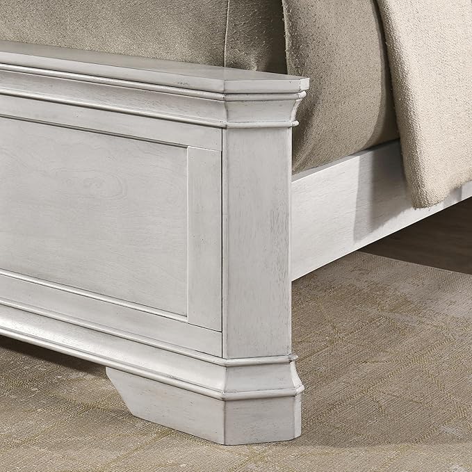Roundhill Furniture Maderne Wood Panel Bed with Two Nightstand, King, Antique White Finish