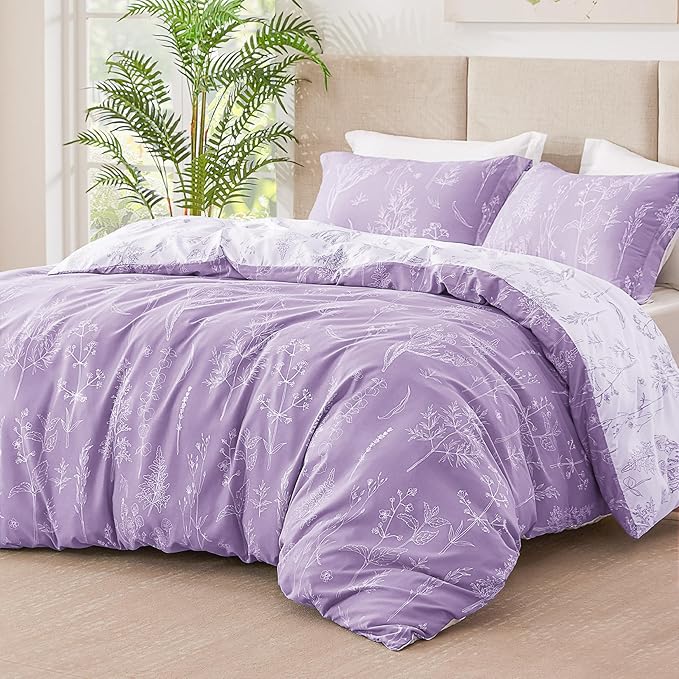 Love's cabin Lavender Comforter Set Queen - Queen Size Comforter Set, 3 Pieces Cute Floral Bedding Sets for All Seasons,1 Soft Reversible Botanical Flowers Comforter and 2 Pillow Shams