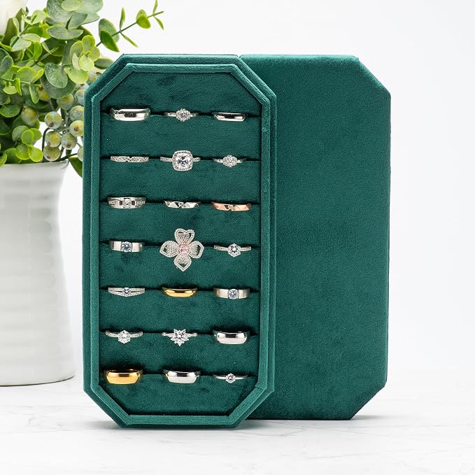 Velvet Ring Organizer Display Tray Jewelry Box Earring Holder Case for Wedding Birthday Christmas Day (Green) - Image 5