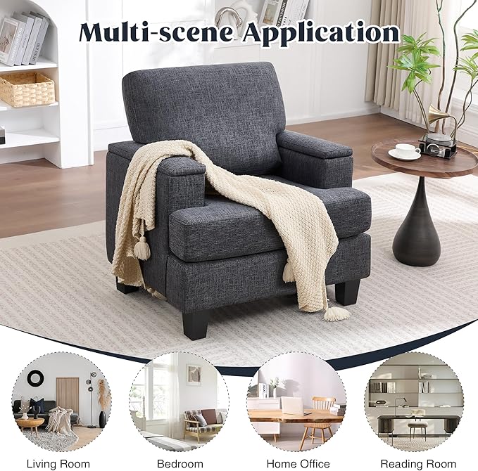 Accent Chair for Living Room, Modern Upholstered Reading Chairs with Armrest Storage, Comfy Large Armchair, Fabric Single Sofa Chair for Bedroom (Dark Grey)