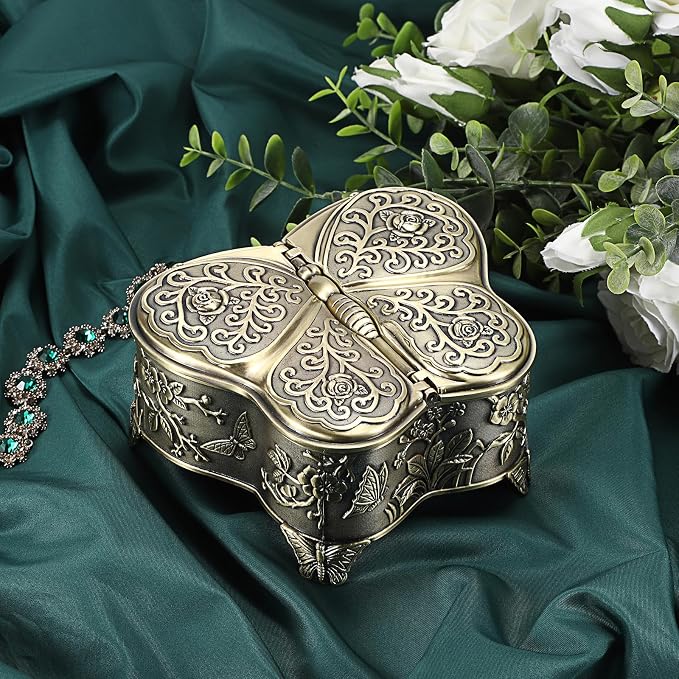 Hipiwe Antique Metal Jewelry Box Butterfly Shape Jewelry Storage Organizer Vintage Trinket Box Treasure Chest for Ring Earrings Necklace Decorative Keepsakes Box, Bronze, Large - Image 8