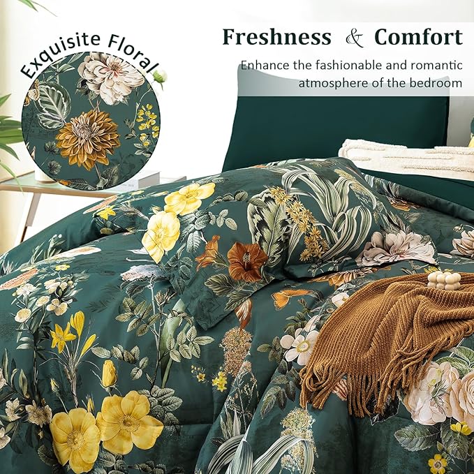 WONGS BEDDING Green Comforter Set King,7 Pieces Floral Comforter Set for All Seasons,Bed in a Bag King with Botanical Flowers Comforter, Sheets, Pillowcases & Shams