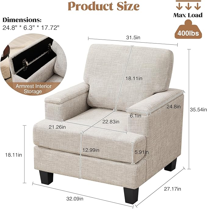 Beige Accent Chair with Armrest Storage, Modern Upholstered Reading Living Room Chairs, Comfy Large Armchair, Fabric Single Sofa Chair for Bedroom