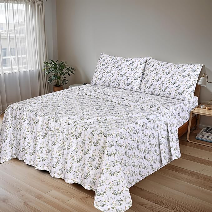 RUVANTI 100% Cotton Sheets – California King Percale Bedding, Cooling & Breathable Floral Design, Durable with a Crisp, Soft & Comfortable Feel, 14" Deep Pocket, 4-Piece Set, Heritage