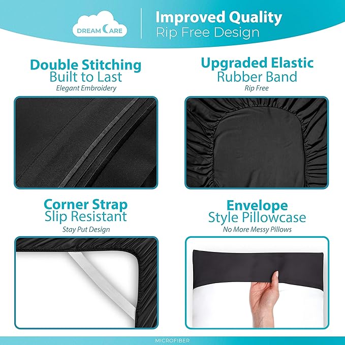DREAMCARE California King Sheet Sets - 6 pcs Breathable Cooling Bed Sheets - up to 15" Deep California King Sheets with Side Pockets -Extra Soft 100% Brushed Hypoallergenic Hotel Luxury Bedding -Black