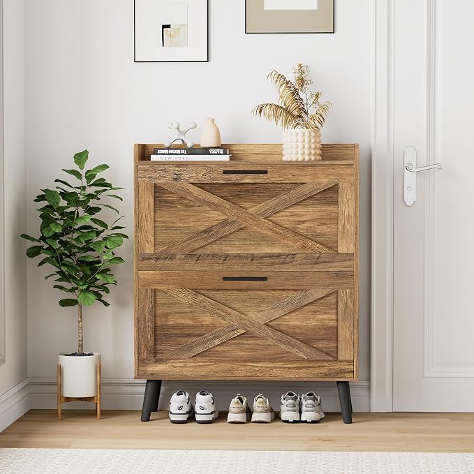 Homleke 32" W Farmhouse Shoe Storage Cabinet with 2 Flip Drawers and Barn Door Design, Adjustable Shelves, Hidden Slim Narrow Shoe Rack Cabinet for Entryway, Foyer, Hallway, Living Room, Rustic Walnut - Image 8