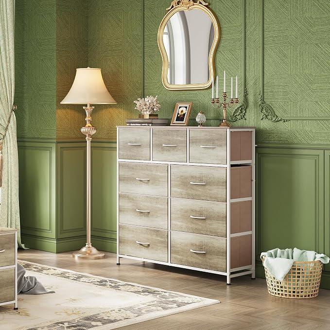WLIVE 9-Drawer Dresser, Fabric Storage Tower for Bedroom, Hallway, Nursery, Closet, Tall Chest Organizer Unit with Fabric Bins, Steel Frame, Wood Top, Easy Pull Handle, Greige - Image 4