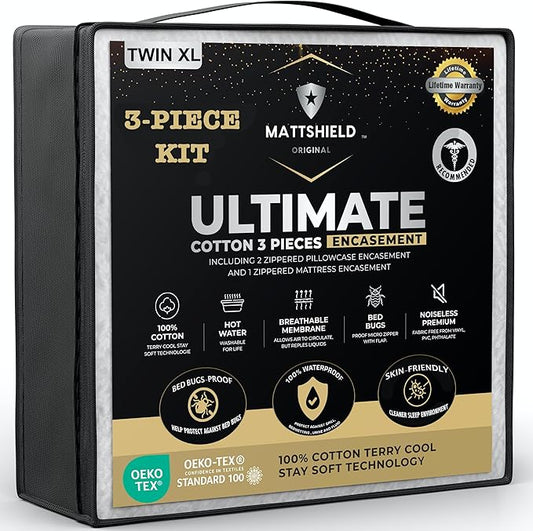 MATTSHIELD Ultimate 3-Piece Kit - Bed Bug-Proof Mattress Cover Twin XL - 100% Cotton Top + 2 Pillow Protectors with Zipper - 6 Sided Waterproof Encasement, Total Defense Kit