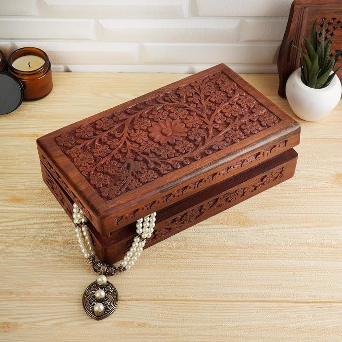Ajuny Wooden Handcarved Decorative Jewelry Storage Box Flower Design Multipurpose Treasure Chest Keepsake Organizer Necklaces Watch Boxes Great for Gifts 8x5 Inch - Image 3