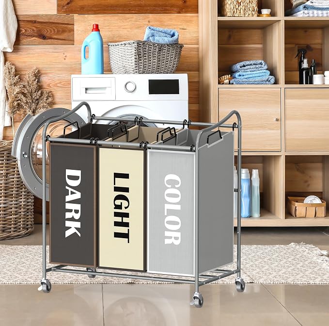 Simple Houseware Heavy Duty 3-Bag Laundry Sorter Rolling Cart, Silver/Assorted – Durable Triple Laundry Hamper with Removable Bags and Lockable Wheels for Laundry Room Organization - Image 5