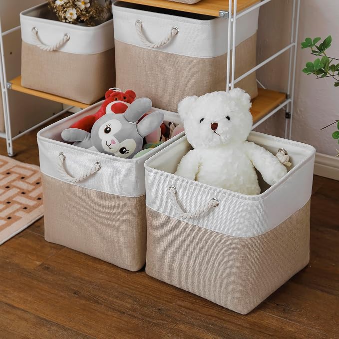 MidmmVick 13 x 13 Inch Cube Storage Bins, 6 Pack Extra Large Collapsible Fabric Storage Bin with Ropes, Foldable Storage Cubes for Home (White & Beige-13"x13"x13") - Image 3
