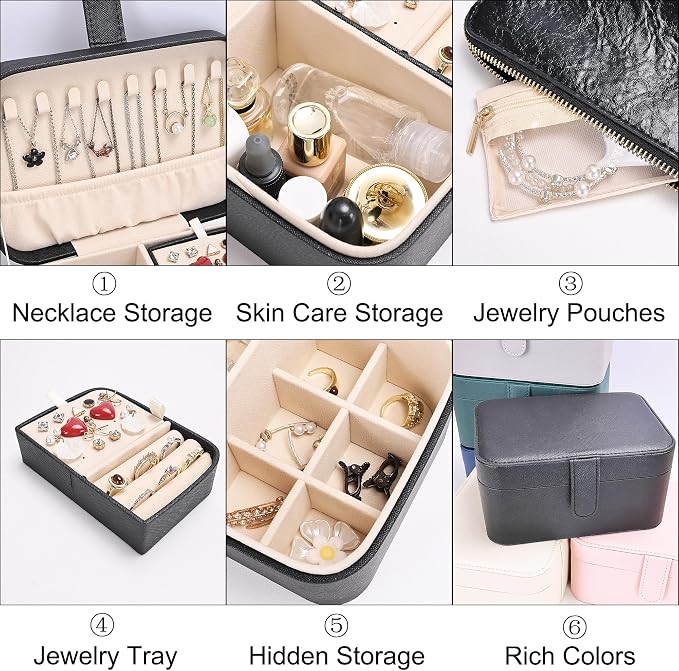 2 Layer Portable Jewelry Box, Large Jewelry Travel Case with 4 Jewelry Pouches, Medium Size Jewelry Organizer Box for Earrings, Necklaces, Bracelets (black) - Image 3